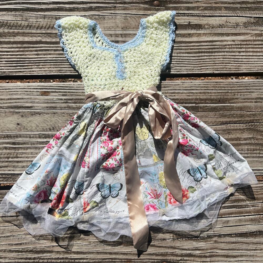 Handmade Crochet Top Butterfly Dress 2T–3T Parisian Floral Cottagecore Fairycore